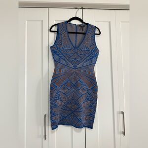 BCBGMaxAzria Blue and Brown Geometric Mini Dress